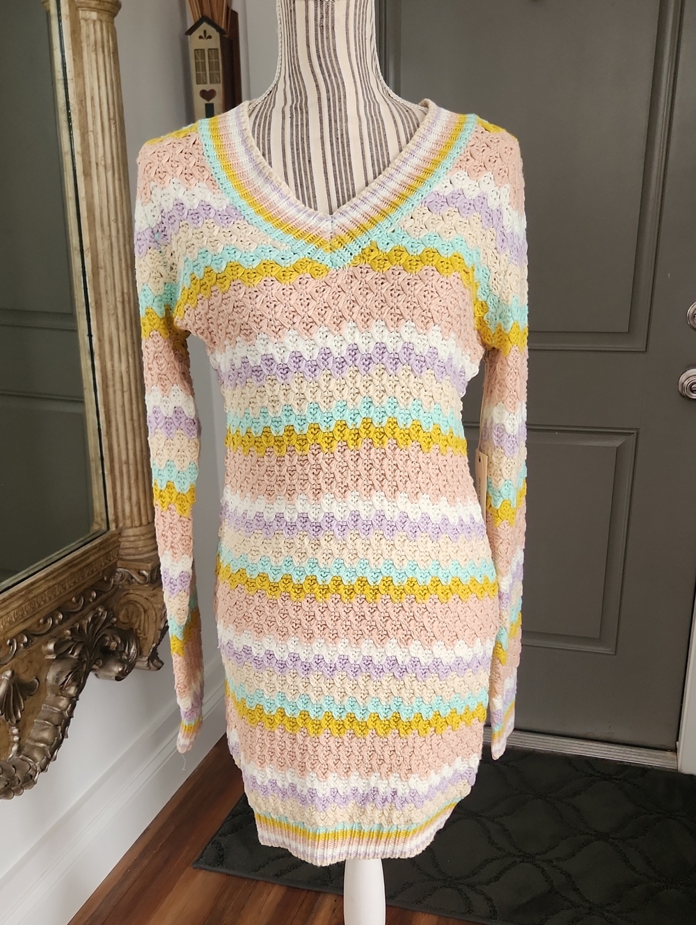 Blue Velvet Pastel Stripe V-Neck Knit Sweater Dress - Multi